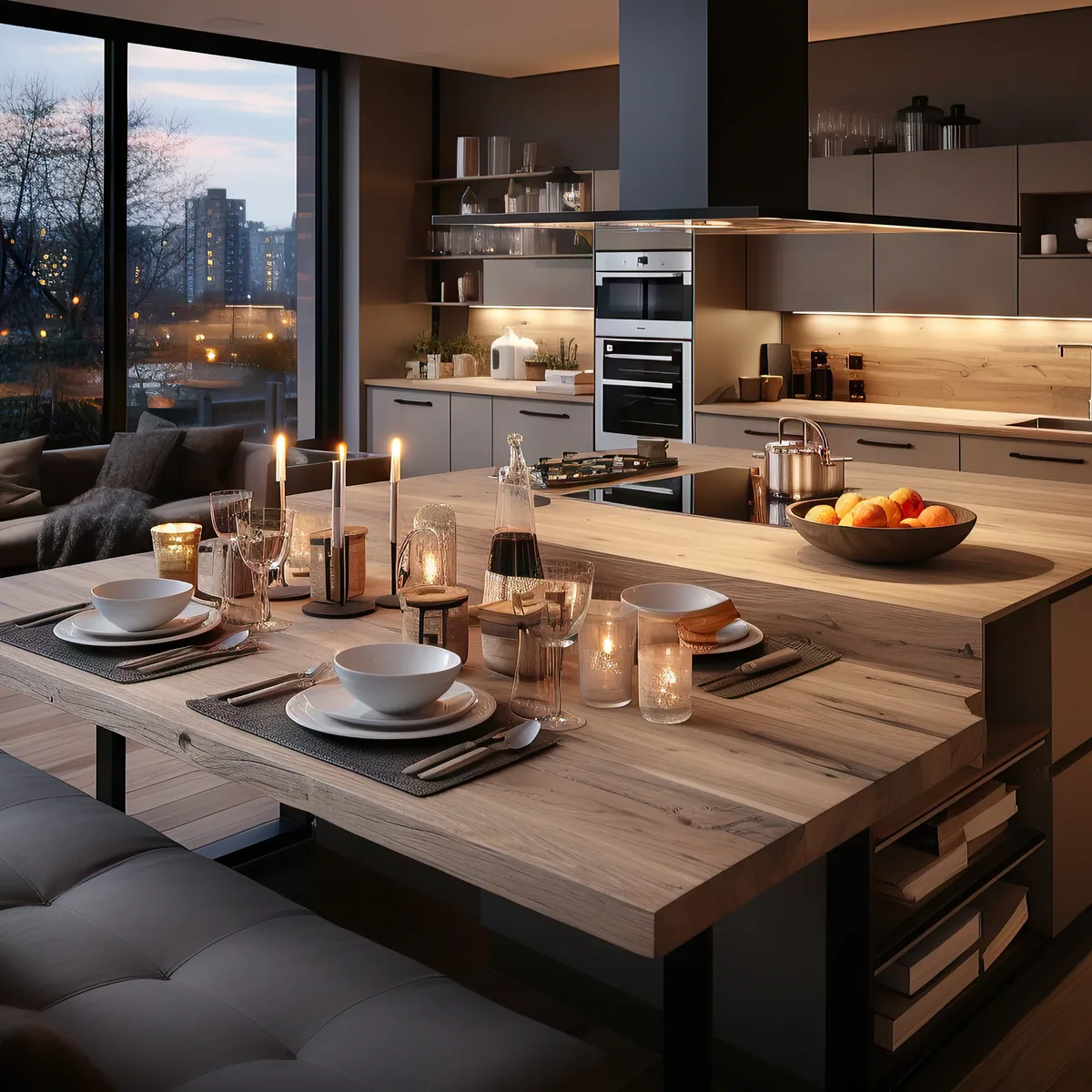 Designer kitchen and living space in a two bedroom premium residence